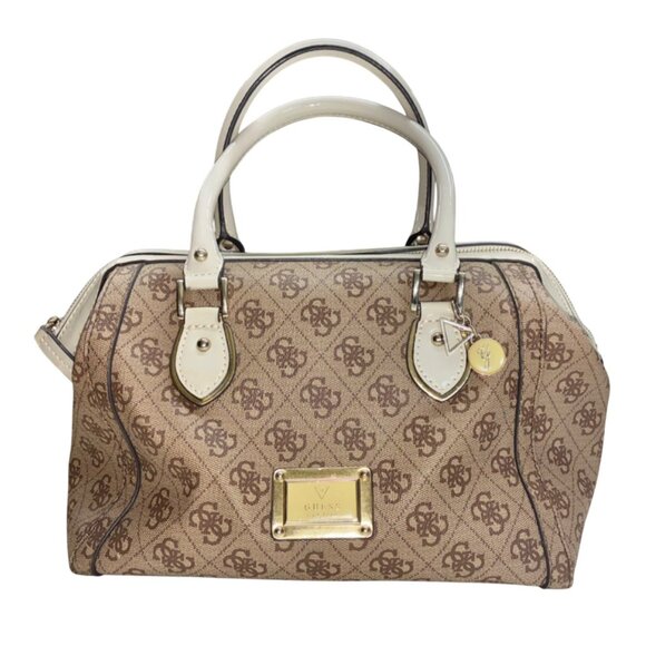 VTG Y2K 90s Guess Handbag Purse Zip 2-handle Tan Pockets Inside PVC Clean M .n - Picture 1 of 12